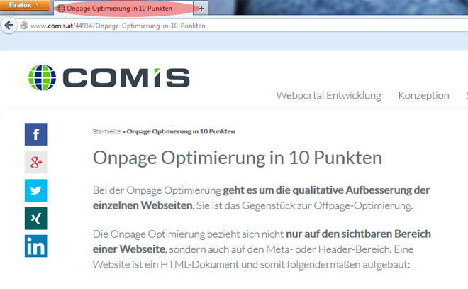 Onpage Optimierung: Der Title wird als Browsertab verwendet